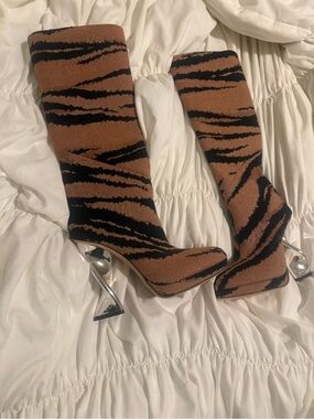 Brandon Maxwell Jacquard Brown and Black Tiger-Stripe Over-the-Knee Boots